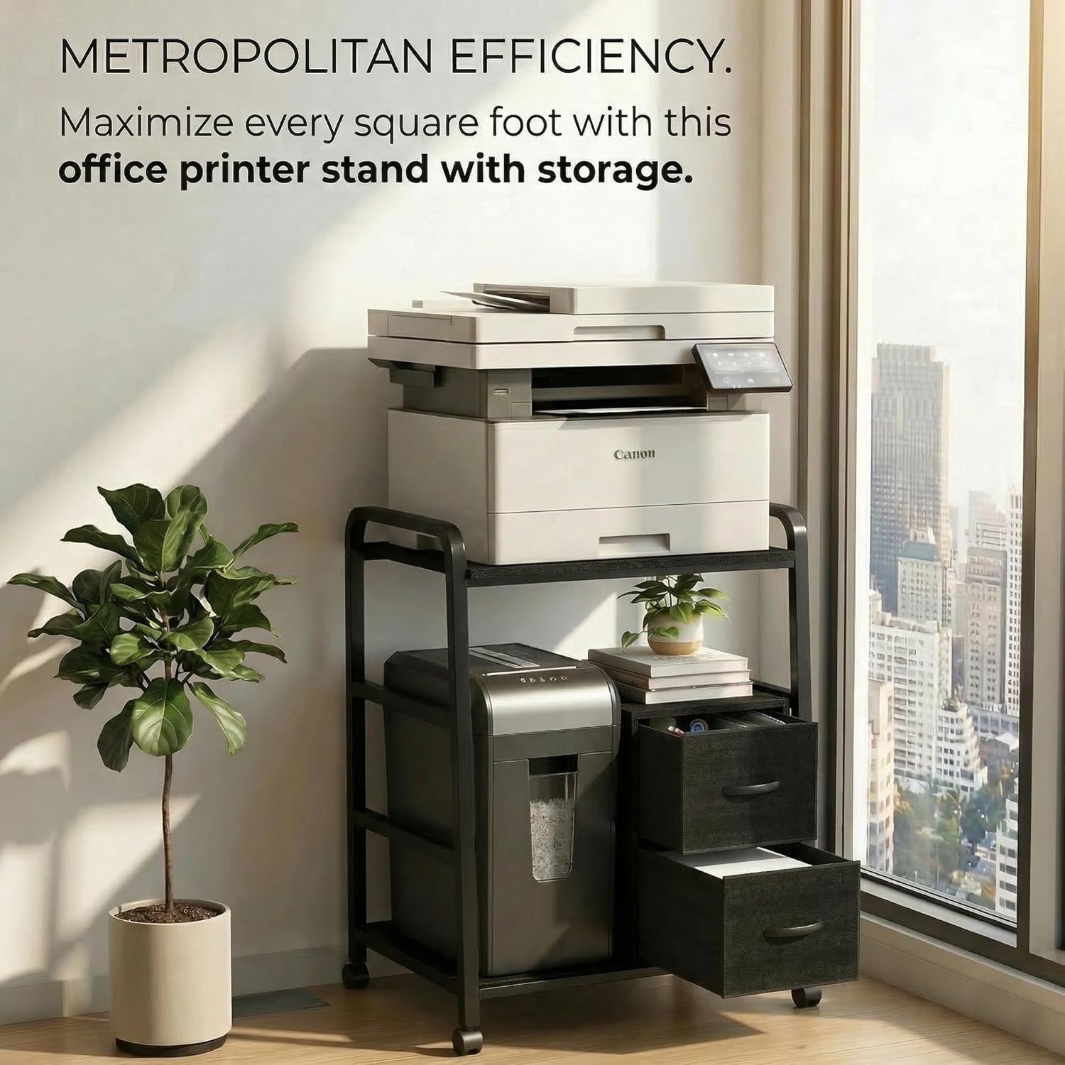 Printer Stand Featuring Fabric Drawers, Under Desk Host Computer Cabinet and Shredder Shelf, Heavy Duty Printer Stand with Storage Workstation Organization Printer Table for Home Office - Image 3