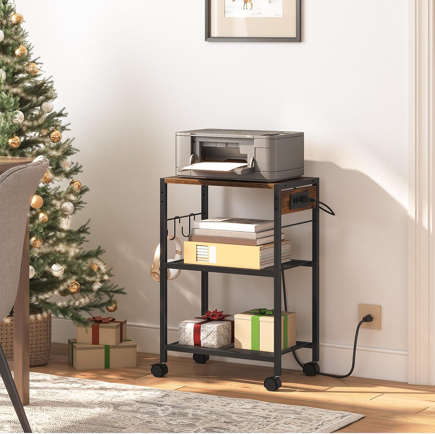 HOOBRO Industrial Printer Stand, 3-Tier Mobile Printer Table, Rolling Cart with Power Outlets and USB Ports, Home Printer Stand with 2 Hooks, for Office, Living Room, Rustic Brown BF22UPS01 - Image 6