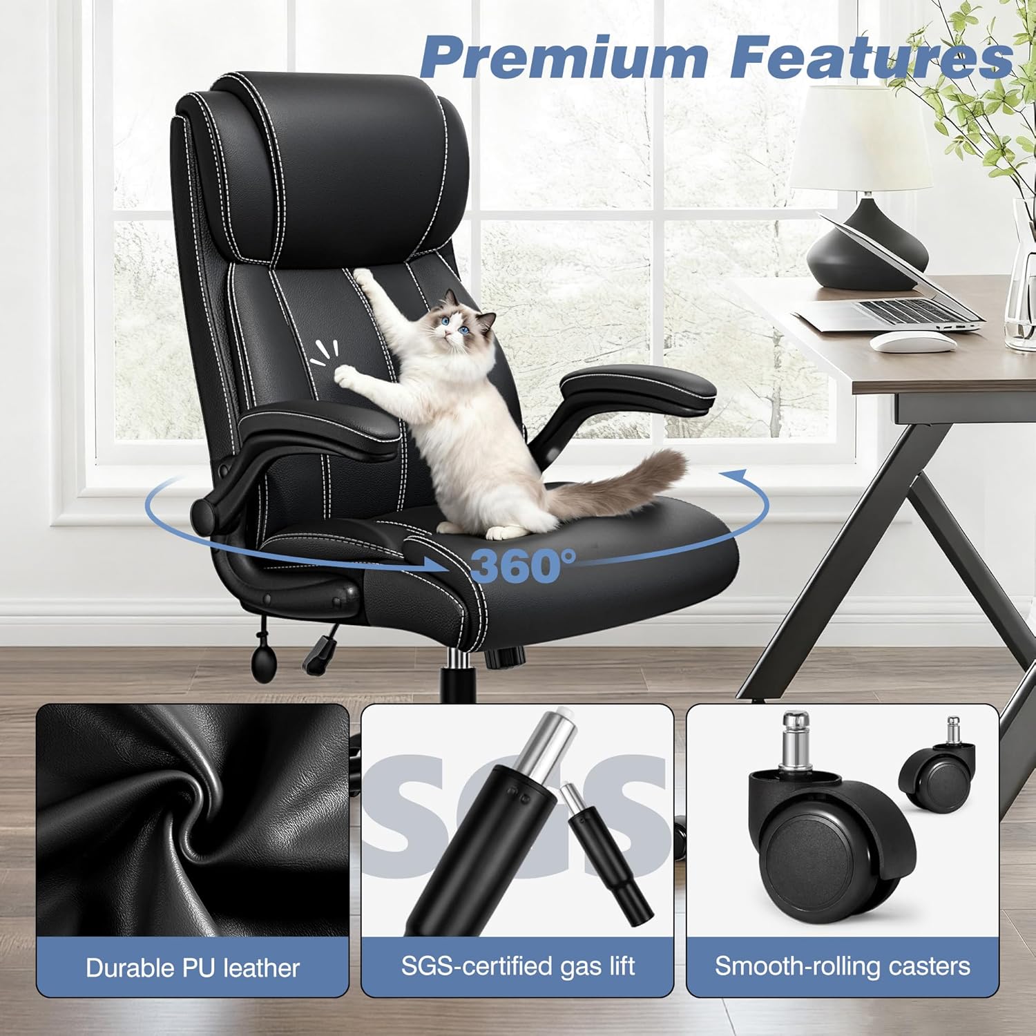 BESTFAIR Ergonomic Office Chair - Desk Computer Chair, Leather High Back Executive Chairs with Adjustable Lumbar Support & Flip Up Arms, Rocking, Black - Image 8