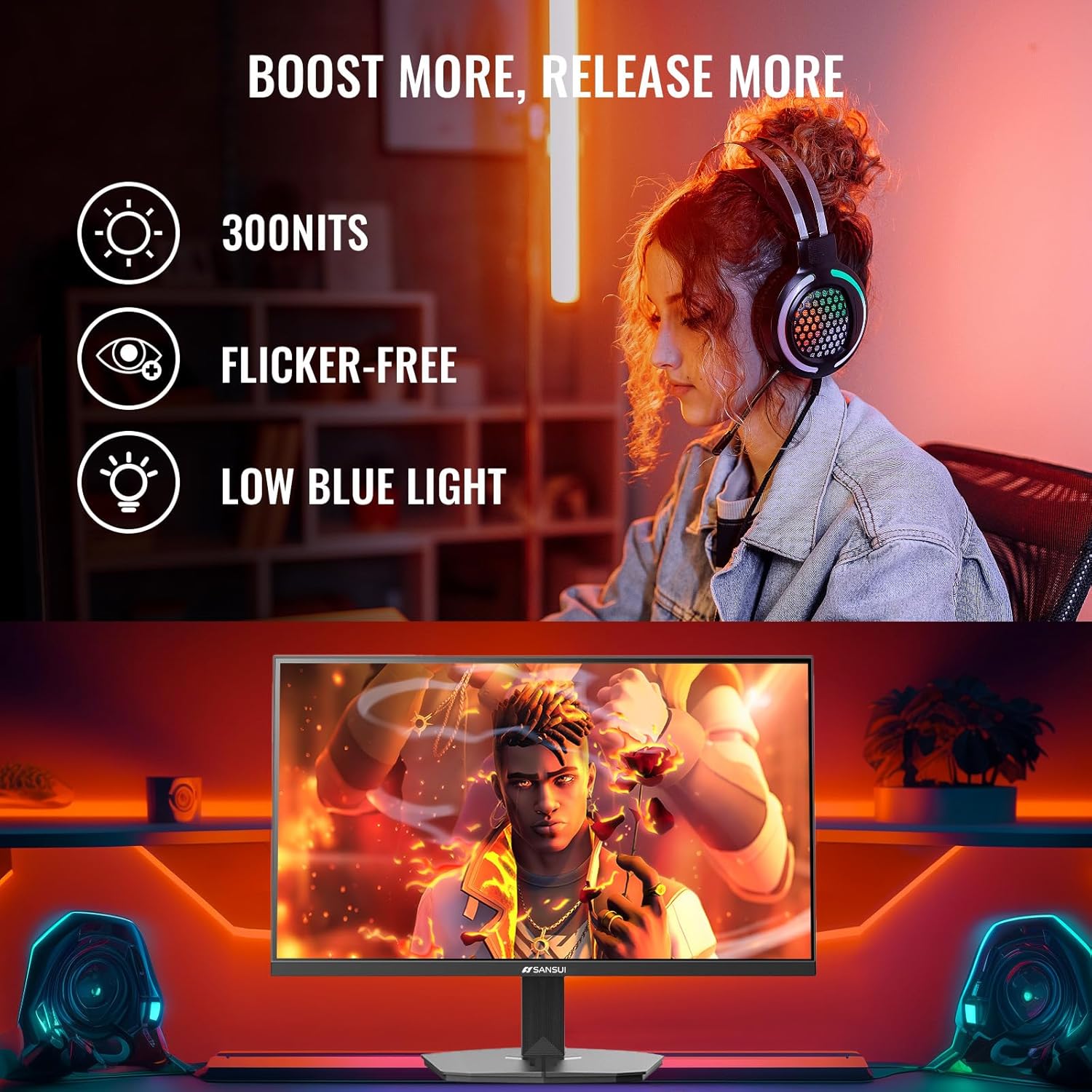 SANSUI Gaming Monitor, 24 Inch 180Hz, FHD 1080P 1ms 110% sRGB Computer Monitor, HDMI DP Ports VESA Support for Game Office (HDMI Cable Included) - Image 7