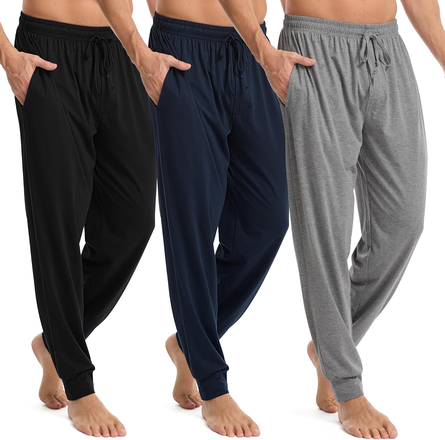 3 Pack Mens Pajama Pants Cotton Jogger Pjs Comfy Lightweight Lounge Sleep Pants for Men with Pockets & Drawstring