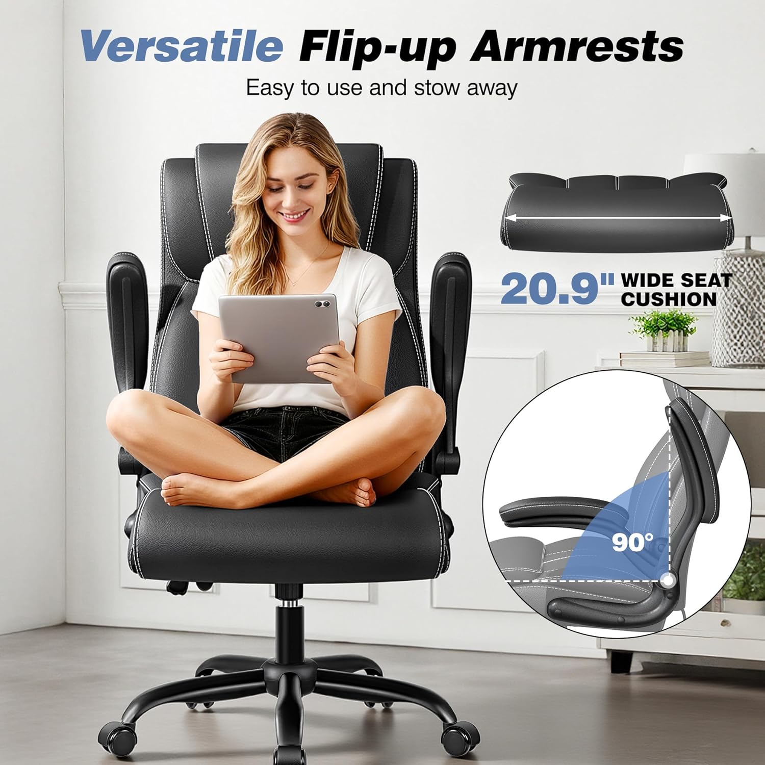 BESTFAIR Ergonomic Office Chair - Desk Computer Chair, Leather High Back Executive Chairs with Adjustable Lumbar Support & Flip Up Arms, Rocking, Black - Image 6