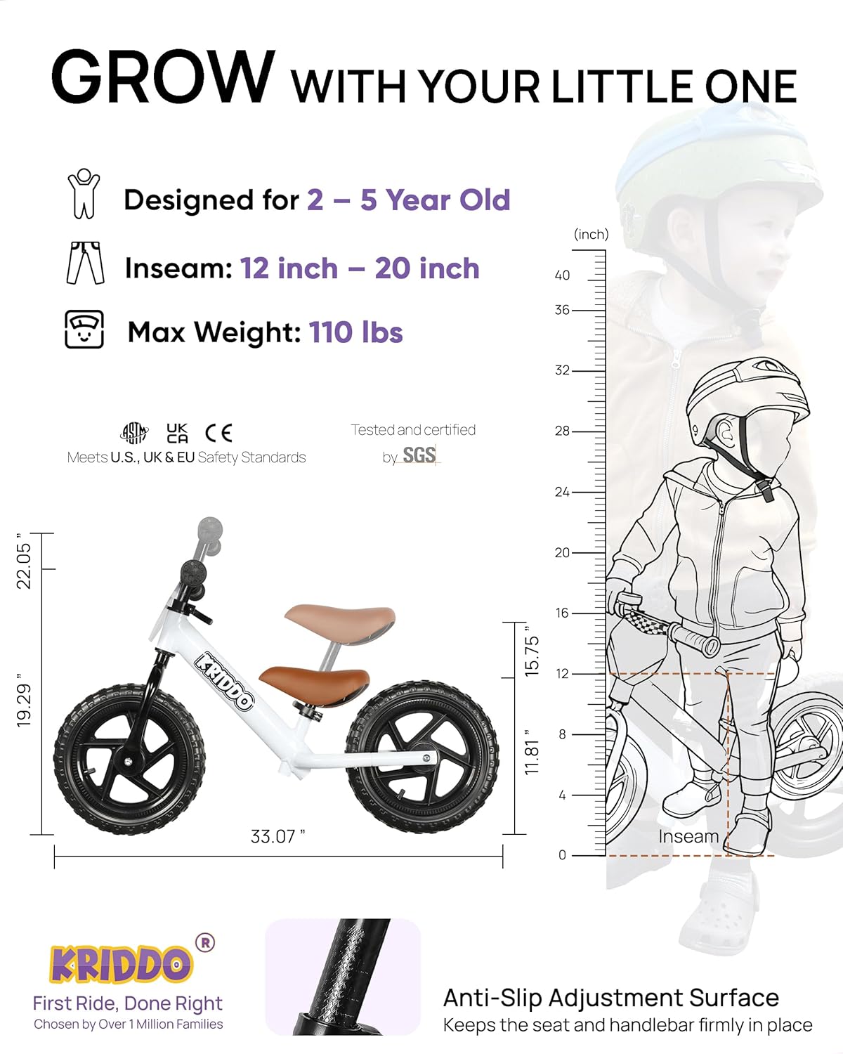 KRIDDO Toddler Balance Bike 2 Year Old, Age 24 Months to 5 Years Old, 12 Inch Push Bicycle with Customize Plate (3 Sets of Stickers Included), Gift Bike for 2-3 Boys Girls, White - Image 3