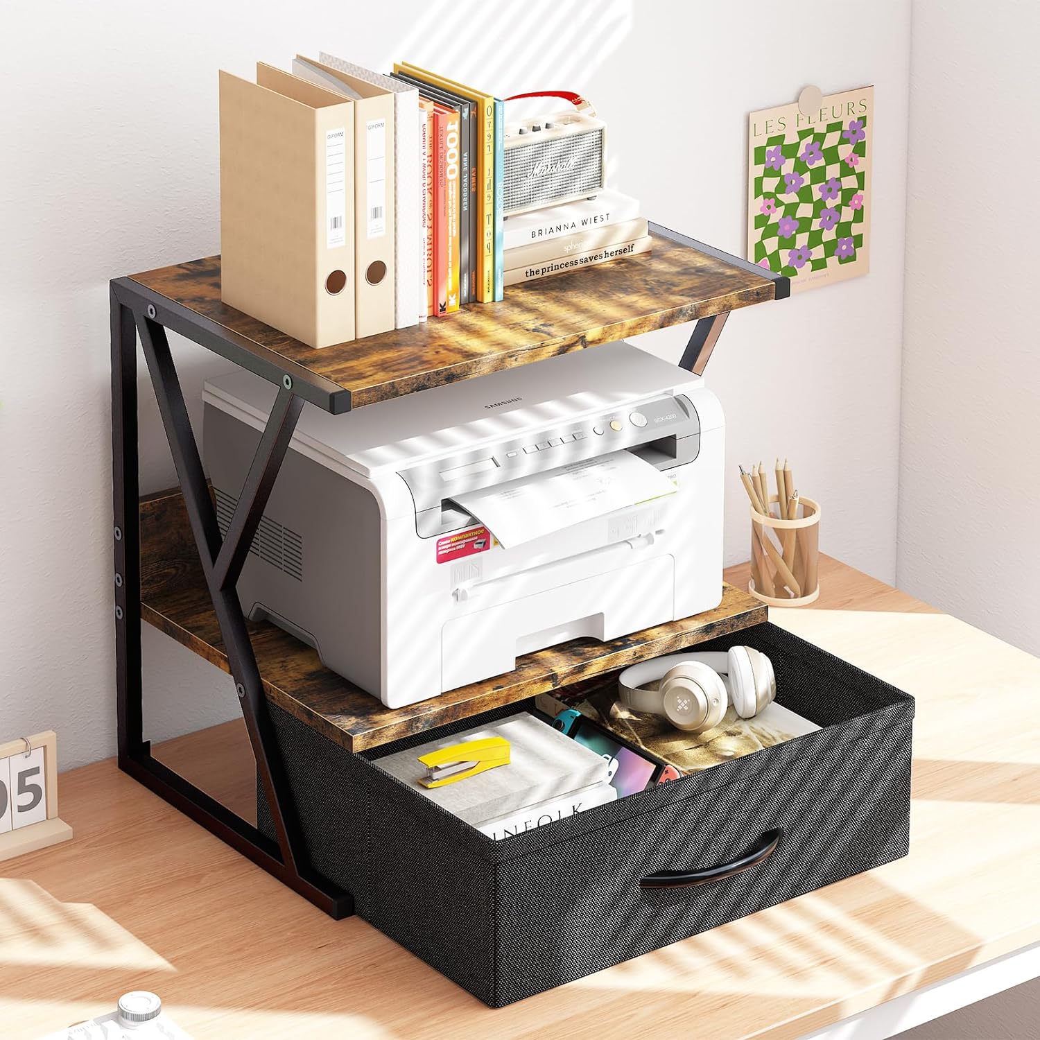 aboxoo Printer Stand for Desk with Storage Drawer, 2 Tier Desktop Or UnderDesk Shelf, Multi-Purpose Desk Organizer for Home Office, fit Fax Machine/3D Printer/Scanner, Rustic Brown - Image 4