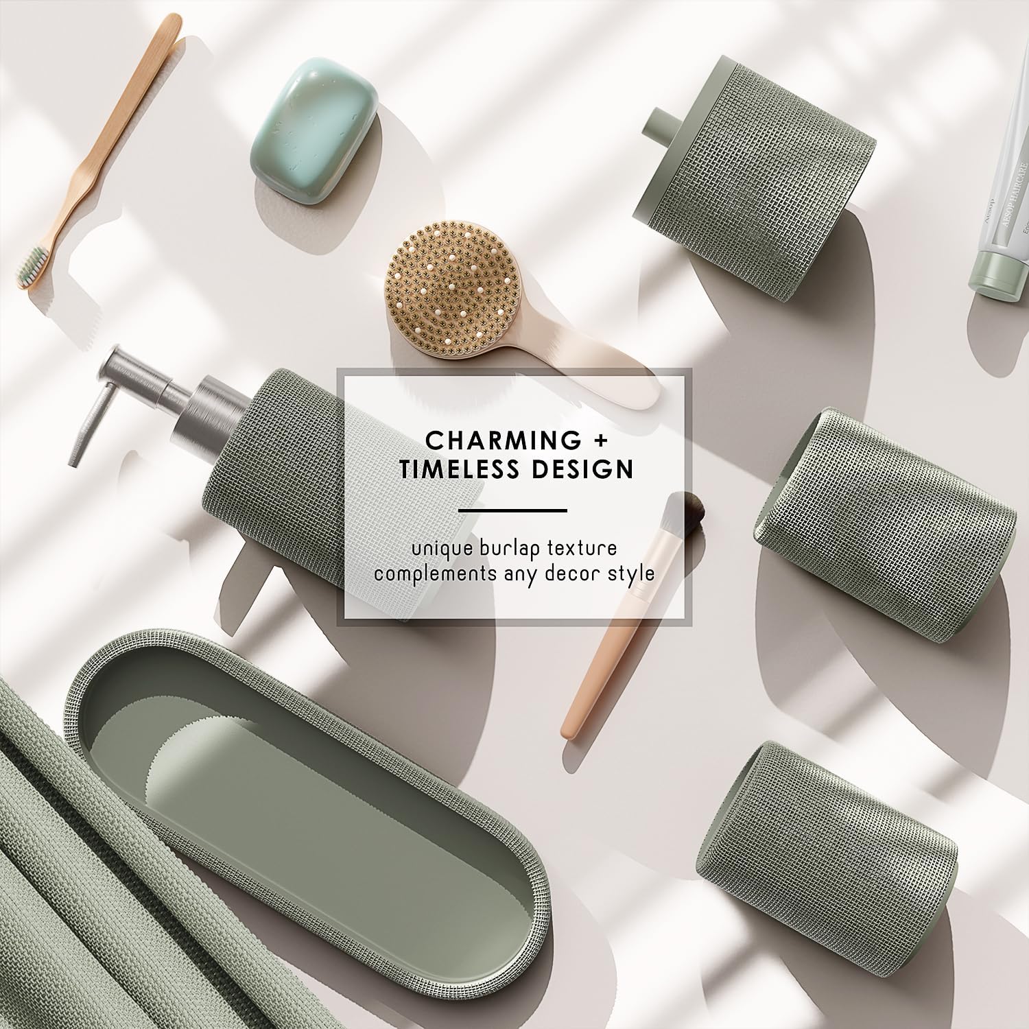 Clara Clark Sage Green Bathroom Set - Bathroom Accessories Set, 19PC Bathroom Accessory Set, Bathroom Sets with Shower Curtain Set, Soap Dispenser & Toothbrush Holder - Image 5