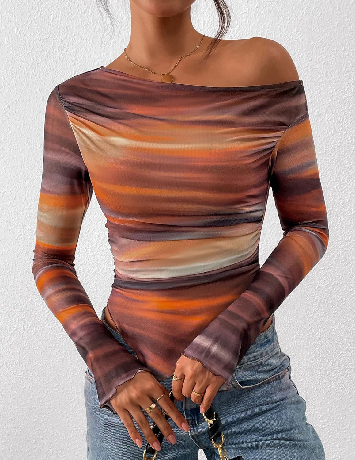 PRETTYGARDEN Womens Fall Trendy Off Shoulder Y2k Tops 2026 Tie Dye Mesh Long Sleeve Shirts Asymmetrical Ruched Floral Blouse - Image 2