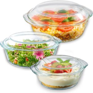 Le’raze 6-Piece Glass Tureen Dishes for Oven – Durable Borosilicate Glass Bakeware Set with Lids, Microwave Safe, Versatile Round Covered Baking Dishes. Clear Lead-Free Casserole Cookware.