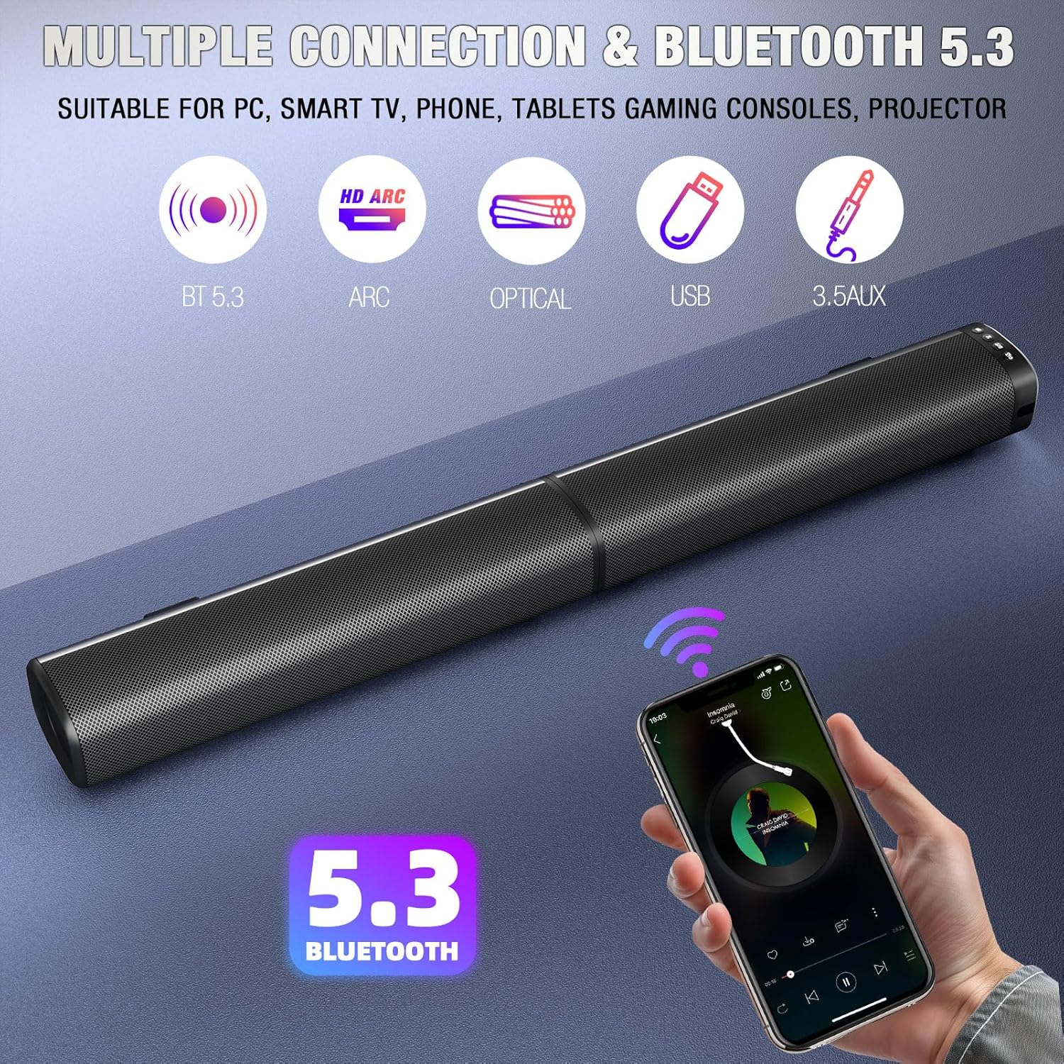 Puriom Sound Bar for Smart TV, 100W Sound Bar with Bluetooth 5.3/ARC/Opt/AUX Connect, 2-in-1 Detachable Home Soundbar, Home Theater Speaker & Bass Effect, for TV/PC/Projectors - Image 2