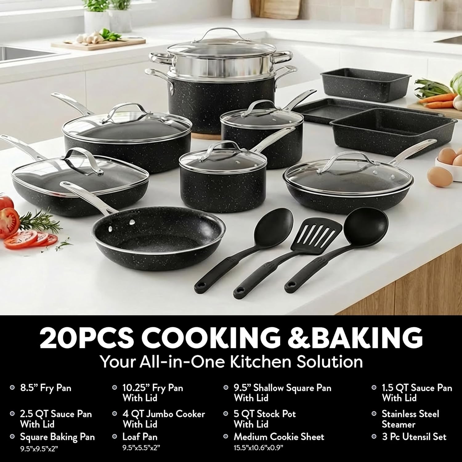 GRANITESTONE 20 Pc Complete Pots and Pans Set Non Stick Cookware Set with Saute Pan, Bakeware, Steamer, Cooking Utensils, Made Without PFOA PFOS, Oven and Dishwasher Safe - Image 2