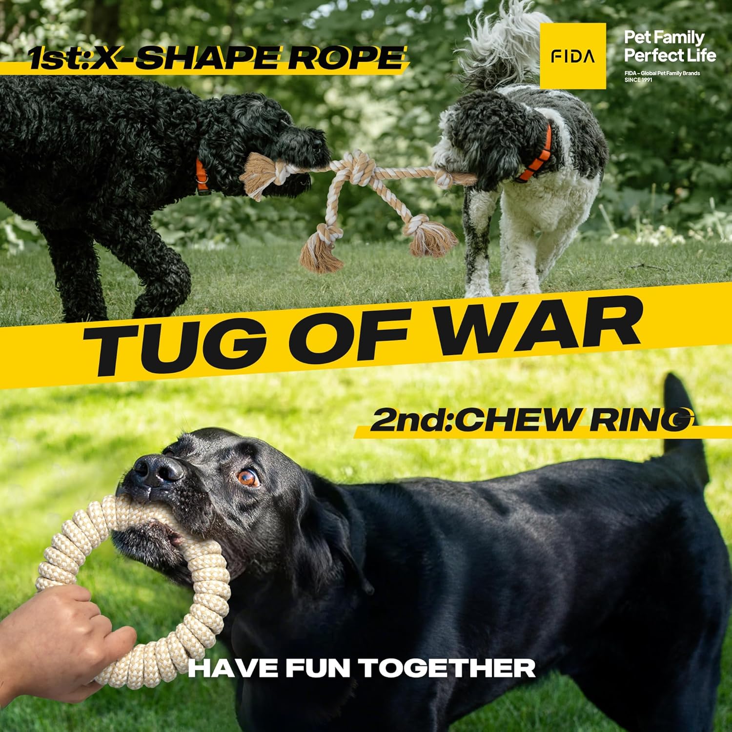 Fida Heavy Duty Dog Rope Toys for Aggressive Chewers 4pcs Pack – Natural Cotton Dog Chew Toys for Large Dogs, Tug-of-War & Fetch Rope Ball/Ring/Knot/Twist to Keep Them Busy - Image 3