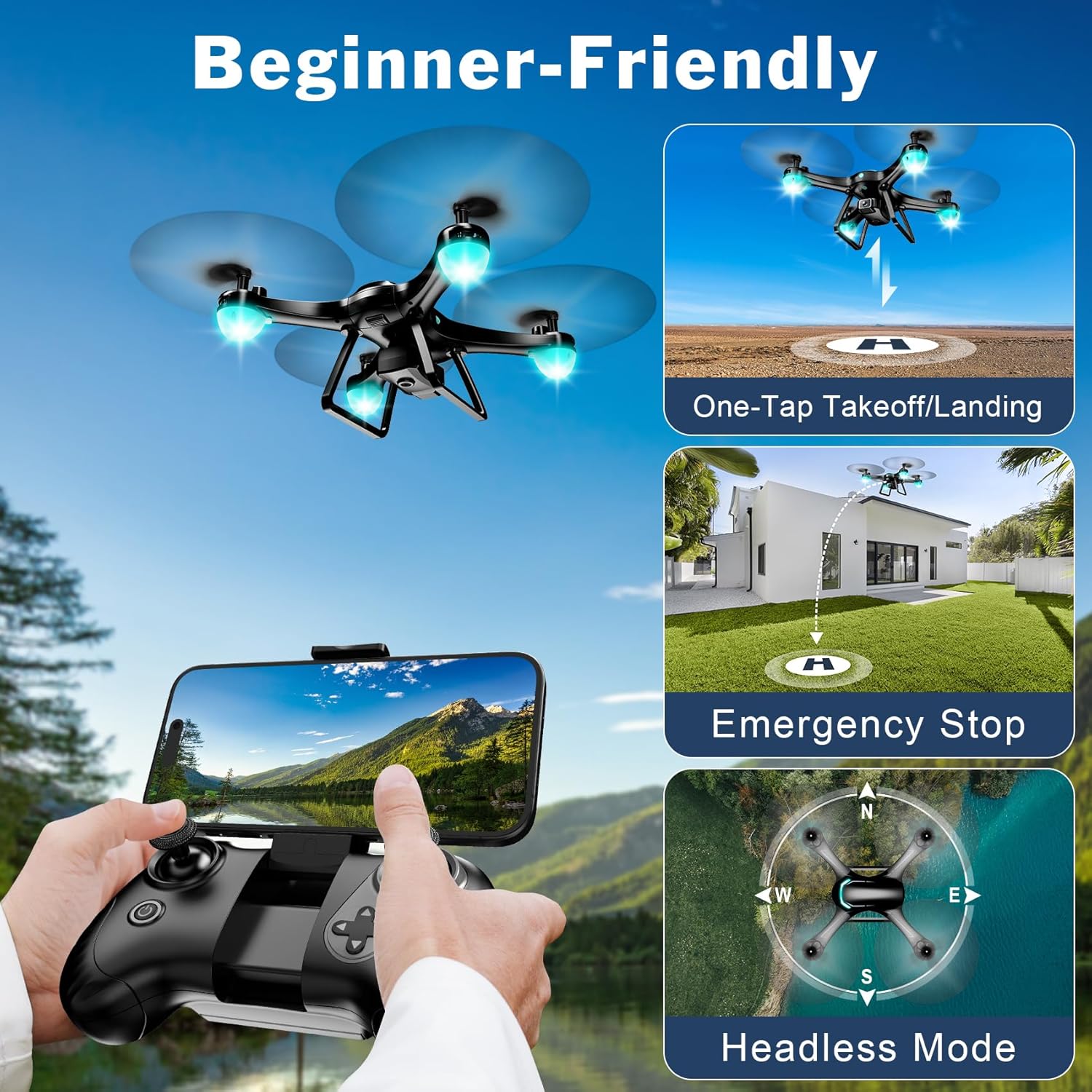 Drone with 1080P Camera for Beginners, Remote Control Quadcopter with Gestures Selfie, Altitude Hold, One Key Start, 3D Flips, 2 Batteries, Toy for Beginners, Black - Image 2