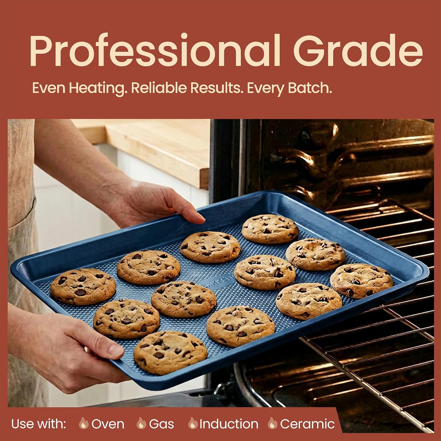 Diamond Bottom Cookie Sheet Set of 2, Nonstick Blue Carbon Steel Baking Pans for Crisp Baking, Space-Saving Stackable Trays, PFOA, PFOS, PTFE Free, Oven Safe Up to 450°F, Small & Medium Pans - Image 3