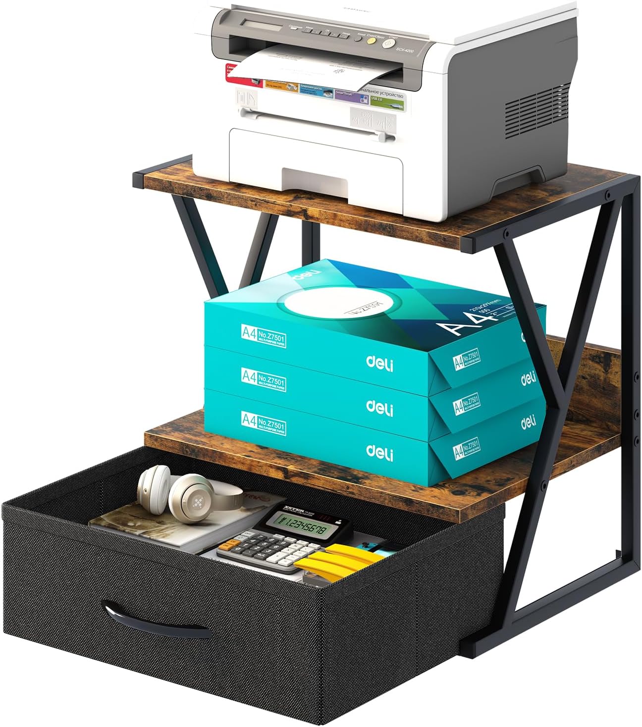 aboxoo Printer Stand for Desk with Storage Drawer, 2 Tier Desktop Or UnderDesk Shelf, Multi-Purpose Desk Organizer for Home Office, fit Fax Machine/3D Printer/Scanner, Rustic Brown - Image 9