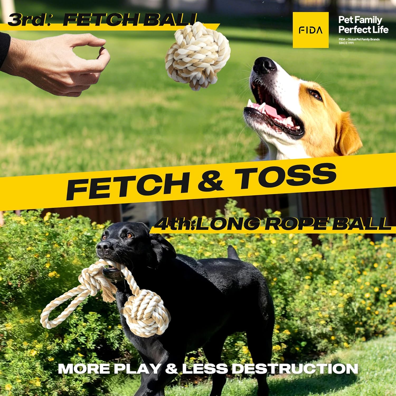 Fida Heavy Duty Dog Rope Toys for Aggressive Chewers 4pcs Pack – Natural Cotton Dog Chew Toys for Large Dogs, Tug-of-War & Fetch Rope Ball/Ring/Knot/Twist to Keep Them Busy - Image 4