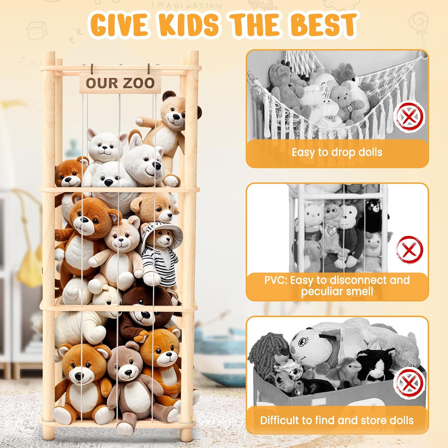 Woodure Stuffed Animal Storage & Organizer, Wooden Cute Zoo Toy Holder for Toddler Rooms, Playrooms & Bedrooms - Image 3