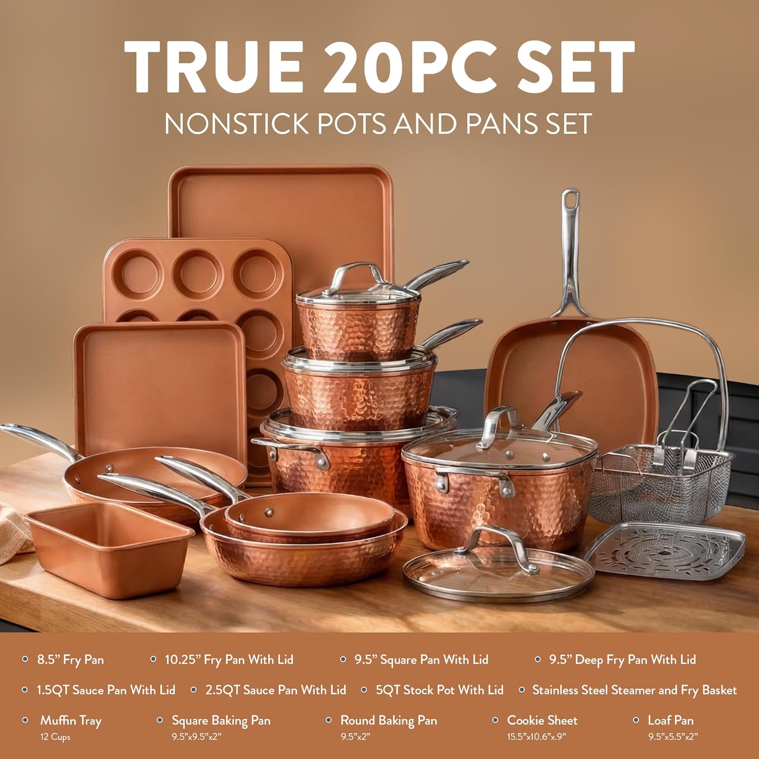Gotham Steel Hammered 20 Pc Ceramic Cookware Set Nonstick, True Ceramic Pots and Pans Set Non Stick with Deep Square Pan Set & Bakeware Set, Non Toxic PFOA PFOS Free, Oven & Dishwasher Safe - Image 2