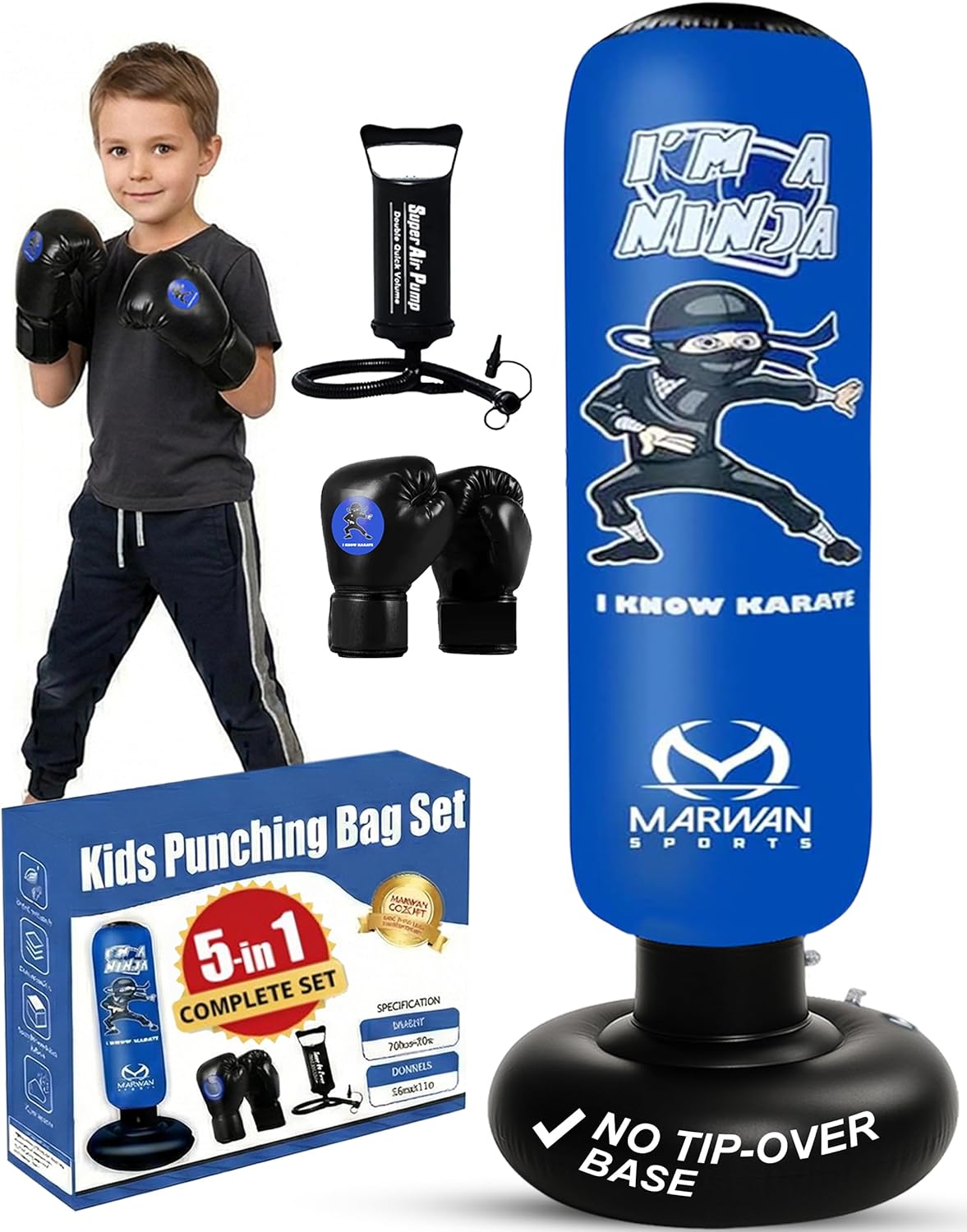 Marwan Sports 5-in-1 Kids Punching Bag Set with Gloves, Pump & Funnel – 63” Inflatable Boxing Bag for Kids 4-12, Durable PVC, Fast Rebound, Waterproof Base Cover with Handles, Gift for Boys & Girls