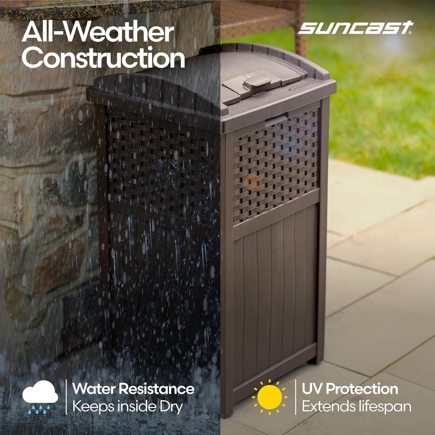 Suncast 33 Gallon Commercial Outdoor Trashcan Hideaway with Lid for 30 to 33 Gallon Trash Bags for Garage, Backyard, or Garden, Brown - Image 8