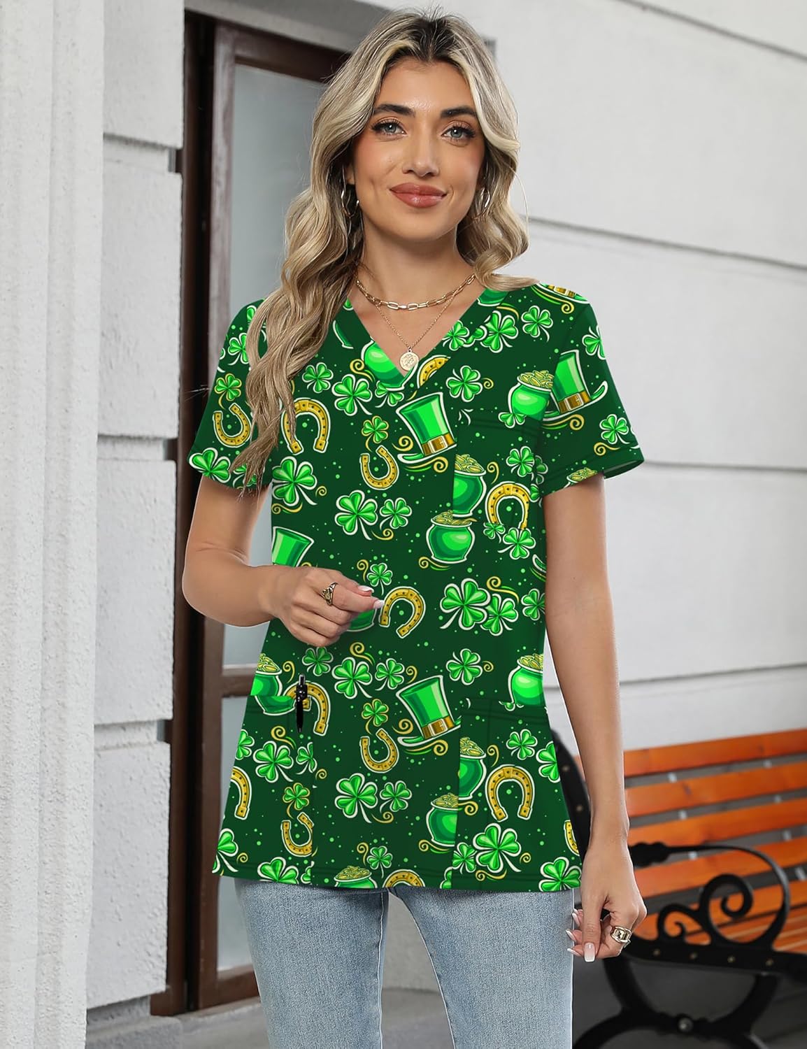 LOMON Women's V Neck Printed Scrub Top with 3 Pockets - Image 3
