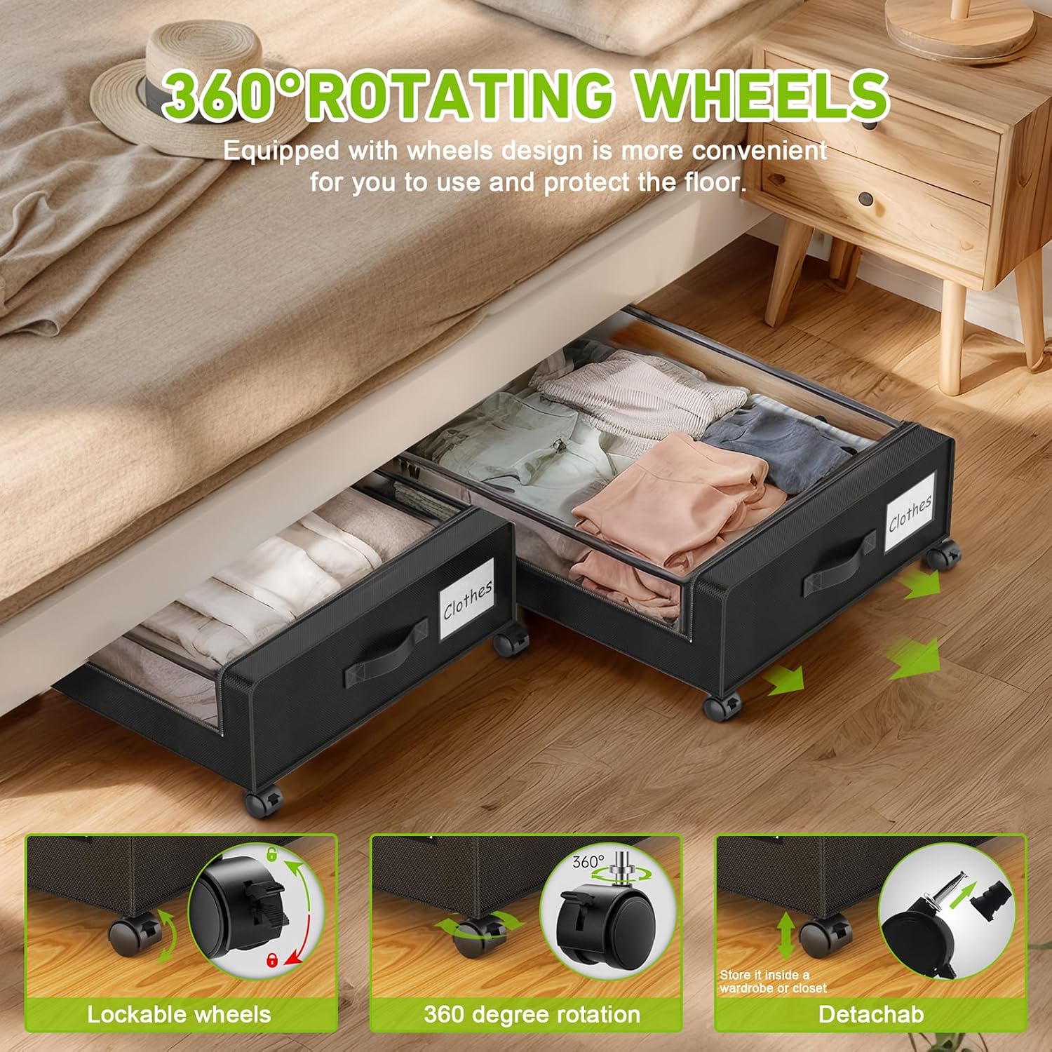 YAASHEEN Under Bed Storage with Wheels, 2-Pack Under the Bed Storage Containers with Clear Lids & Label, Underbed Storage Bins, XXL 60L Rolling Metal Drawer for Clothes, Shoes, Toys, Books - Black - Image 4