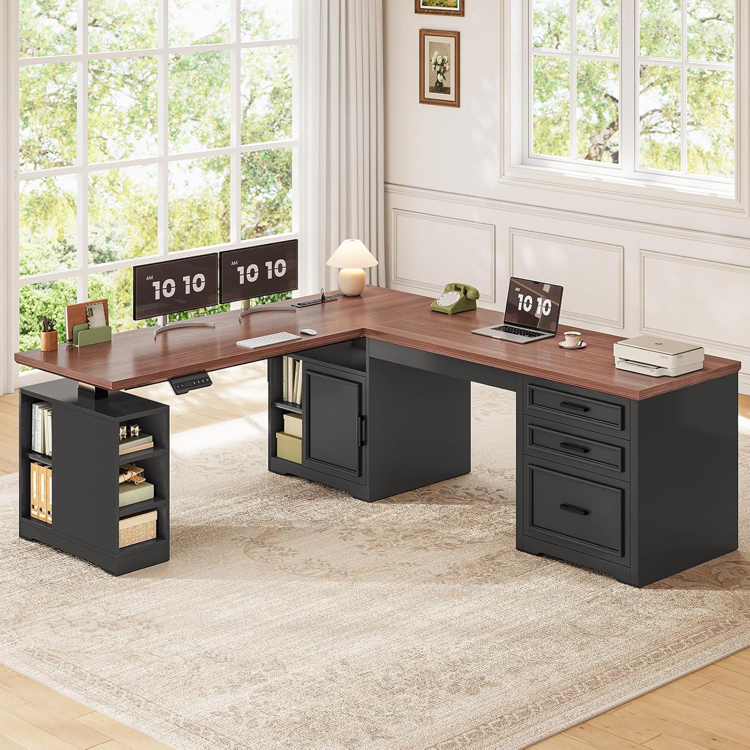SEDETA Farmhouse L Shaped Electric Standing Desk, 63" x 67" Height Adjustable Home Office Executive Desk with Drawers and Shelves, Standing Computer Desks with Power Outlet for Home Office, Black - Image 3