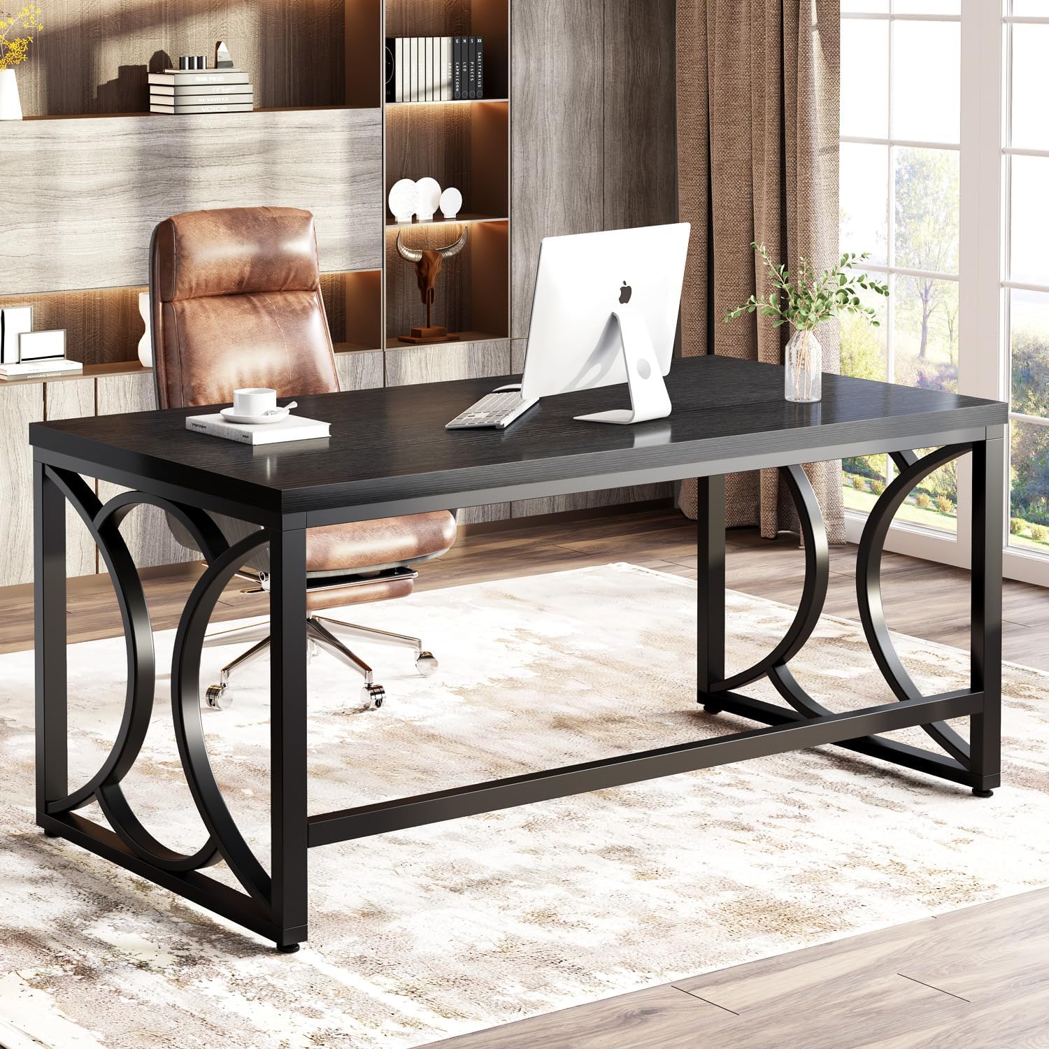 HSH Black Computer Desk, 55 Inch Metal Wood Home Office Desk, Simple Industrial Study Executive Desk for Work Writing, Modern Student Gaming Computer PC Table for Bedroom Living Room - Image 2