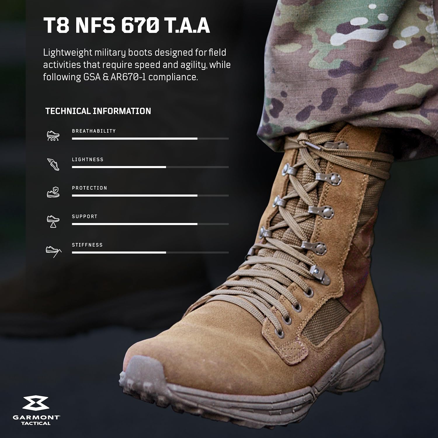 GARMONT TACTICAL T8 NFS 670 T.A.A. Military Combat Boots for Men and Women, Army, Air Force, T.A.A., AR670-1 and GSA Compliant Footwear, Lightweight, Suede Leather - Image 2