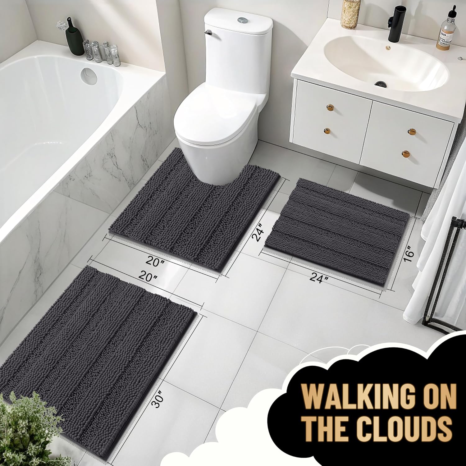 OLANLY Thick Bathroom Rugs 30x20, Extra Soft Absorbent Chenille Striped Bath Rugs, Rubber Backing, Machine Wash Dry, Bath Mats for Bathroom Floor, Tub and Shower, Home Decor Accessories, Dark Grey - Image 6
