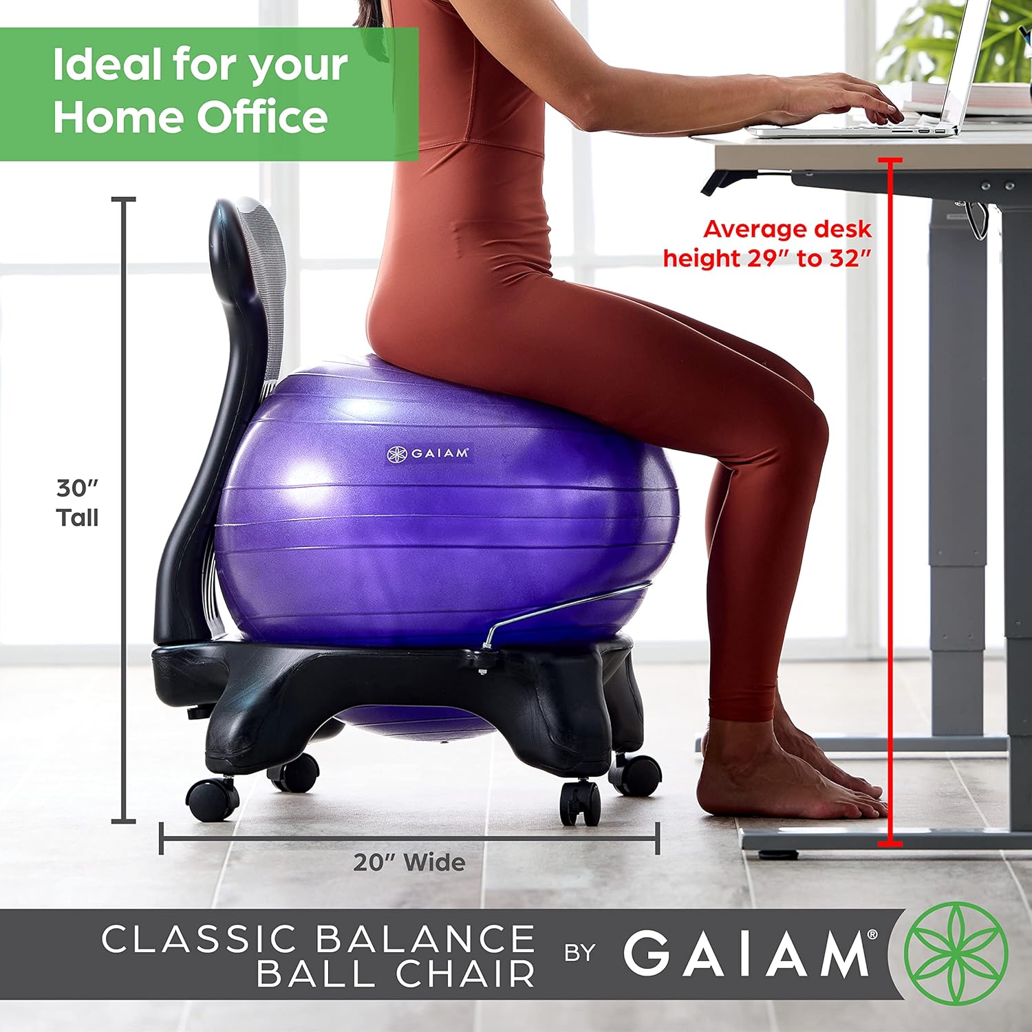 Gaiam Classic Balance Ball Chair – Ergonomic Stability Chair for Desk & Office | Yoga Ball Seat with Base, Air Pump, & Exercise Guide | Improves Posture & Core Strength (300 lb Capacity) - Image 3