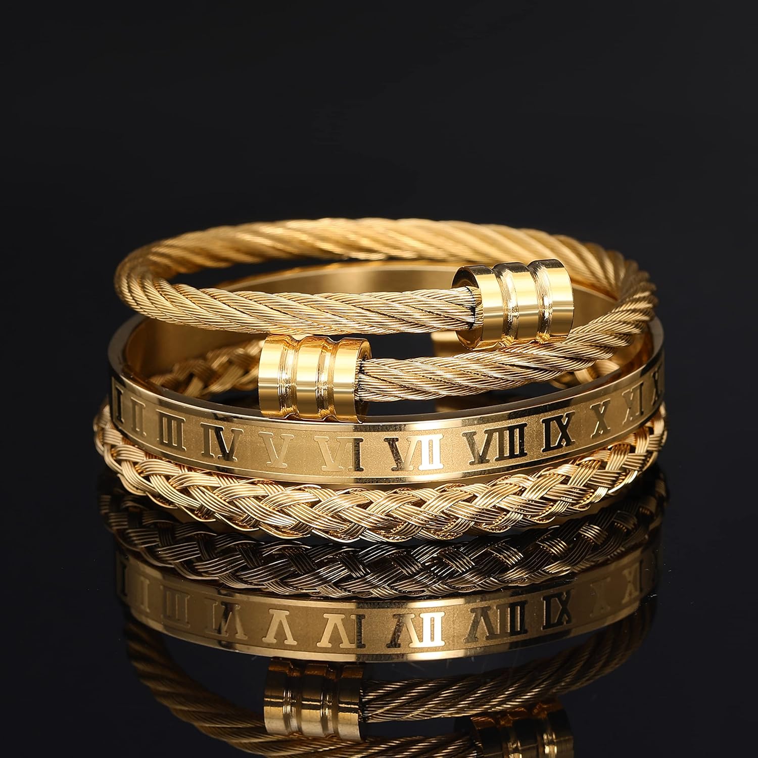 WFYOU 3PCS Stainless Steel Bracelets for Men Gold Roman Numeral Bangle Bracelet Twisted Cable Bracelet Adjustable Cuff Bracelet Mens Luxury Jewelry Bracelets Gifts - Image 8