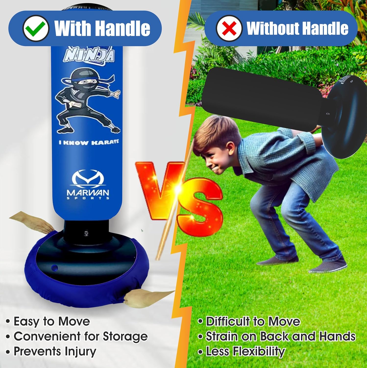 Marwan Sports 5-in-1 Kids Punching Bag Set with Gloves, Pump & Funnel – 63” Inflatable Boxing Bag for Kids 4-12, Durable PVC, Fast Rebound, Waterproof Base Cover with Handles, Gift for Boys & Girls - Image 9