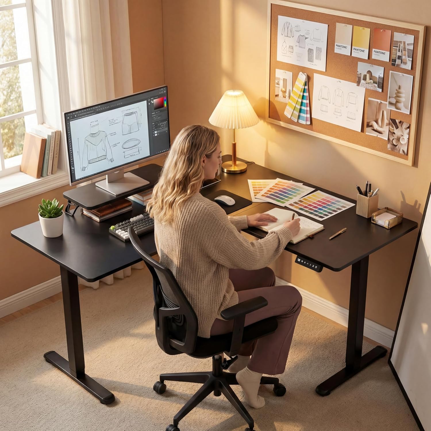 Furmax 63 x 47 Inch L Shaped Standing Desk with 2 Preset Heights, Electric Height Adjustable Computer Desk, Corner Sit Stand Desk for Home Office, 2 Hooks & Feet Balance (Black, 63 x 47 Inch) - Image 2