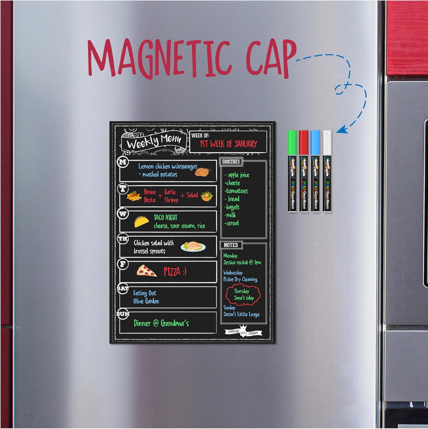 CHALKY CROWN Magnetic Dry Erase Menu Board for Fridge Includes 4 Liquid Chalk Markers - Weekly Meal Planner Blackboard, Grocery List & Notepad for Kitchen Refrigerator - Chalkboard Magnet 15.6" x11.6 - Image 2