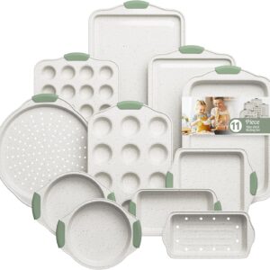 11-Piece Non-Toxic Baking Set, Stackable Nonstick Cookware with Heat-Resistant Handles – Includes Cookie Tray, Round Cake Pan, Muffin Cups, Pizza Pan & Loaf Baker, White&Light Green