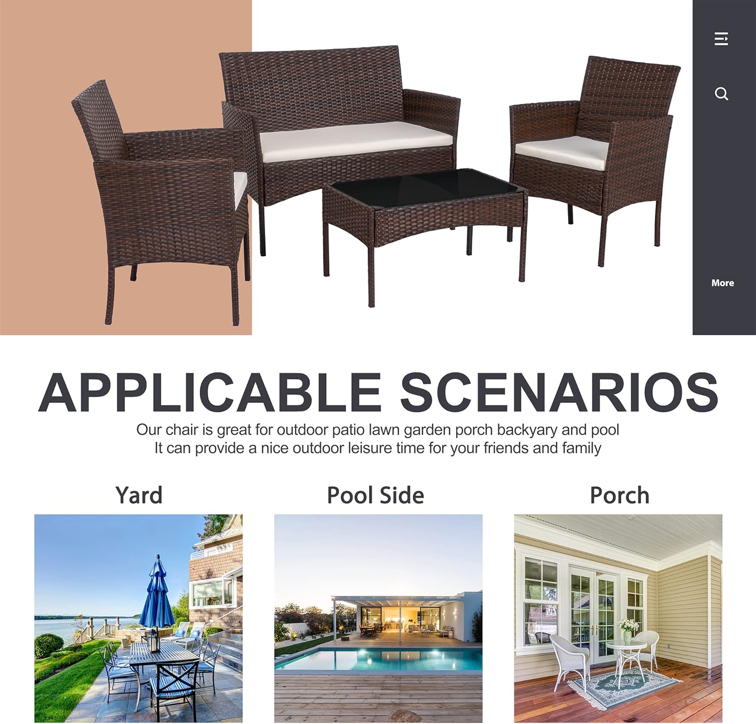 Shintenchi 4 Piece Outdoor Patio Furniture Set, Wicker Rattan Patio Conversation Set, Outdoor Chairs and Loveseat with Coffee Table for Porch, Yard & Poolside (Brown) - Image 7