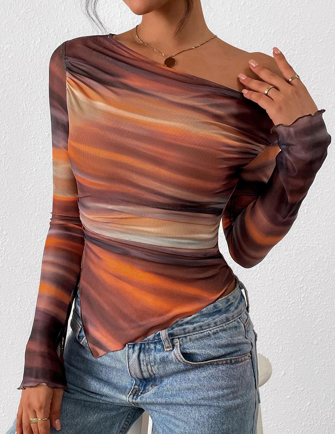PRETTYGARDEN Womens Fall Trendy Off Shoulder Y2k Tops 2026 Tie Dye Mesh Long Sleeve Shirts Asymmetrical Ruched Floral Blouse - Image 4