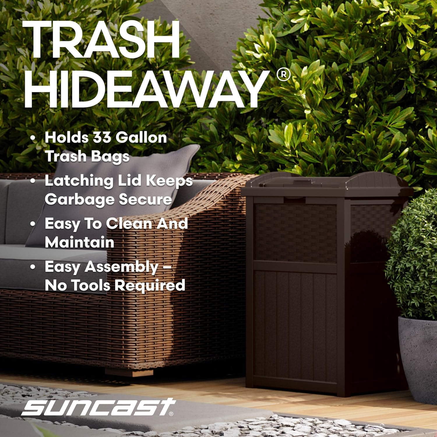 Suncast 33 Gallon Commercial Outdoor Trashcan Hideaway with Lid for 30 to 33 Gallon Trash Bags for Garage, Backyard, or Garden, Brown - Image 3
