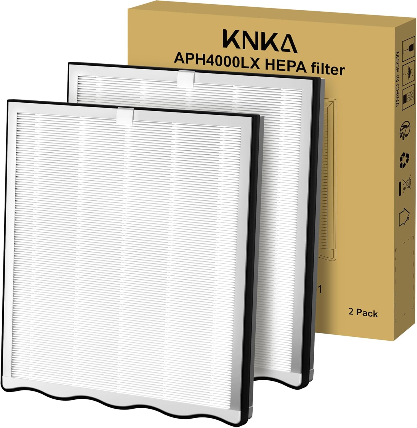 KNKA Genuine Air Purifier Replacement Filter for APH4000, 2-Pack HEPA & Activated Carbon Filters, Captures Allergens, Odors, Dust & Pollen, Standard Filter – White