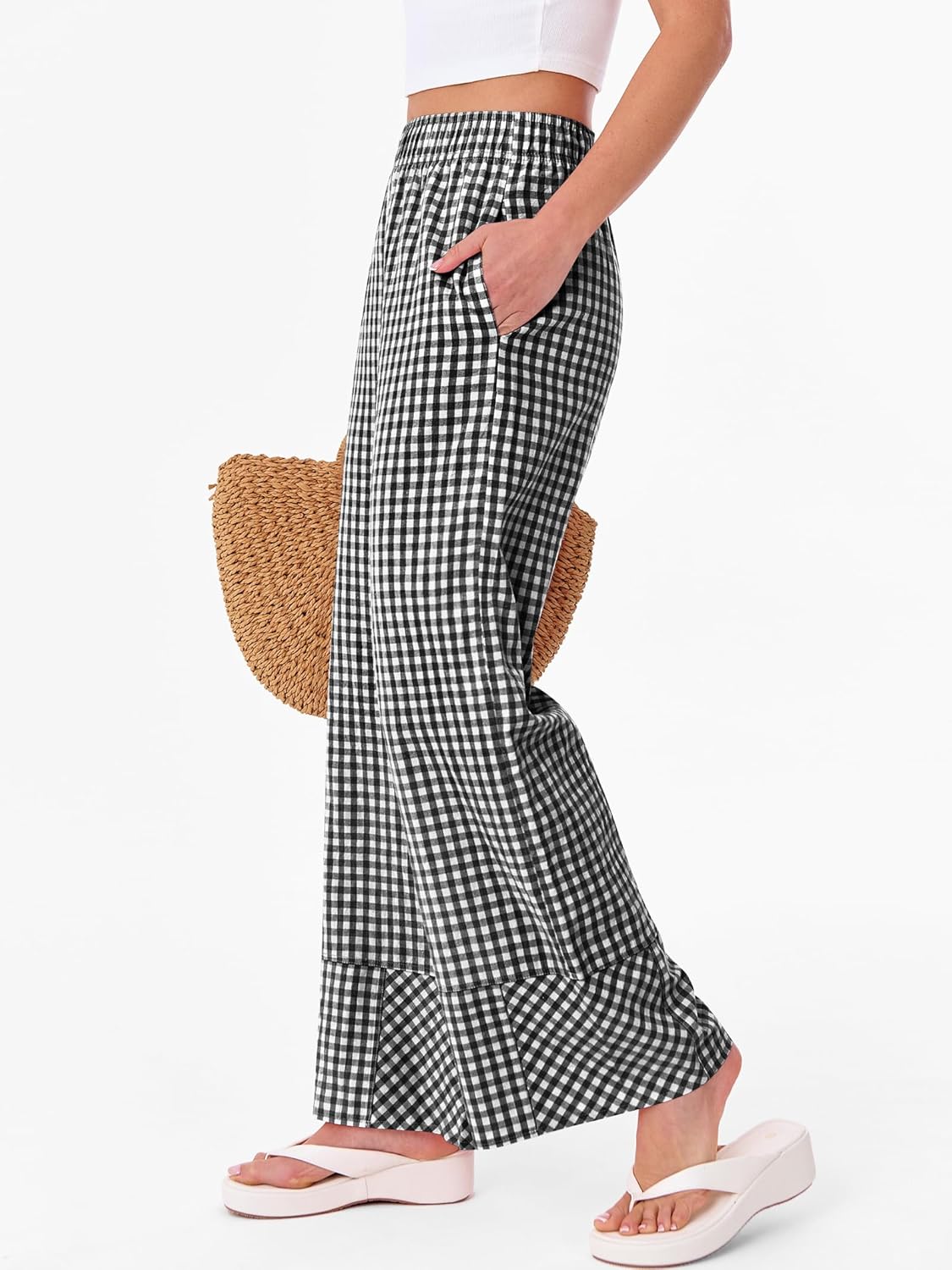 ANRABESS Womens Gingham Pants Checkered Plaid Striped Boxer Wide Leg Palazzo Pants Lounge PJ Bottoms Trousers with Pockets - Image 3