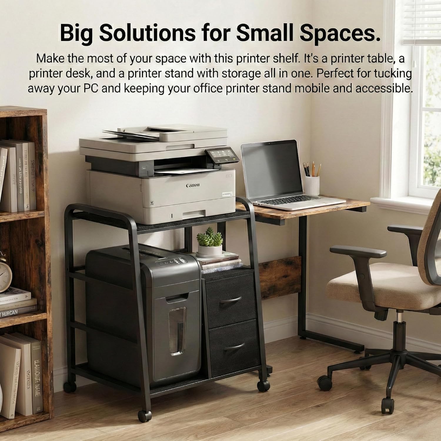 Printer Stand Featuring Fabric Drawers, Under Desk Host Computer Cabinet and Shredder Shelf, Heavy Duty Printer Stand with Storage Workstation Organization Printer Table for Home Office - Image 11