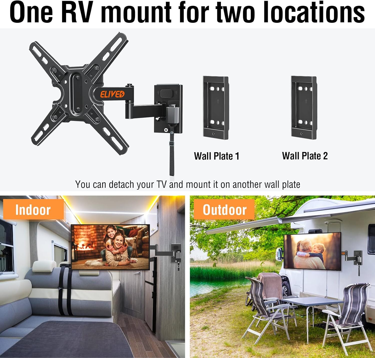 ELIVED Lockable RV TV Mount for Most 13-43 Inch TVs, RV TV Wall Mount Swivel and Tilt for Camper Trailer Motorhome, Detachable tv Bracket with Double Wall Plates, Max VESA 200x200mm, up to 22 LBS - Image 2