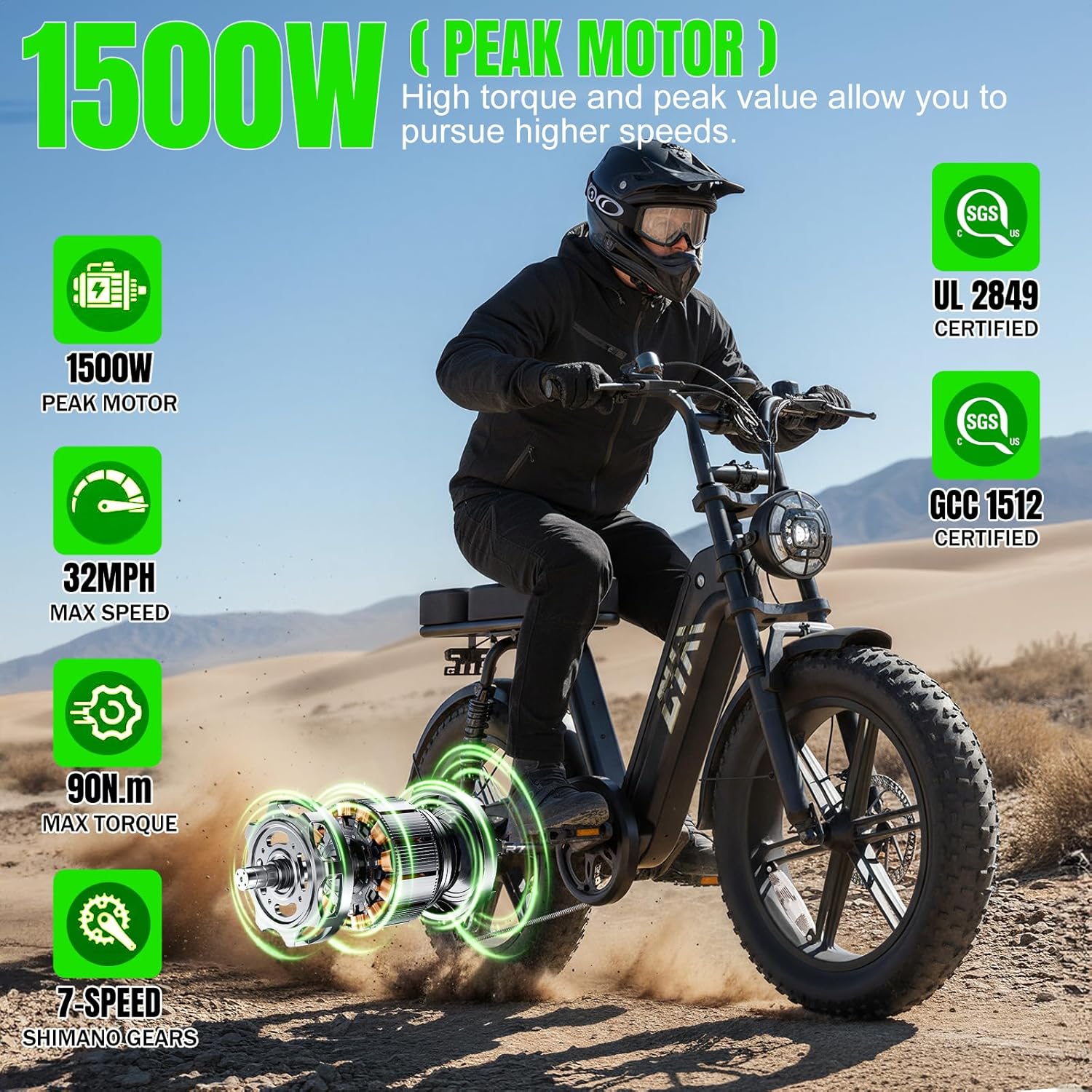 TST Electric Bike for Adults 1500W Peak 20" Fat Tire All-Terrain E-Bike 60 Miles 28MPH Electric Dirt Bike for Road Sand Mountain Snow - 48V 15AH Battery Powered Electric Motorcycle for Adventure - Image 2