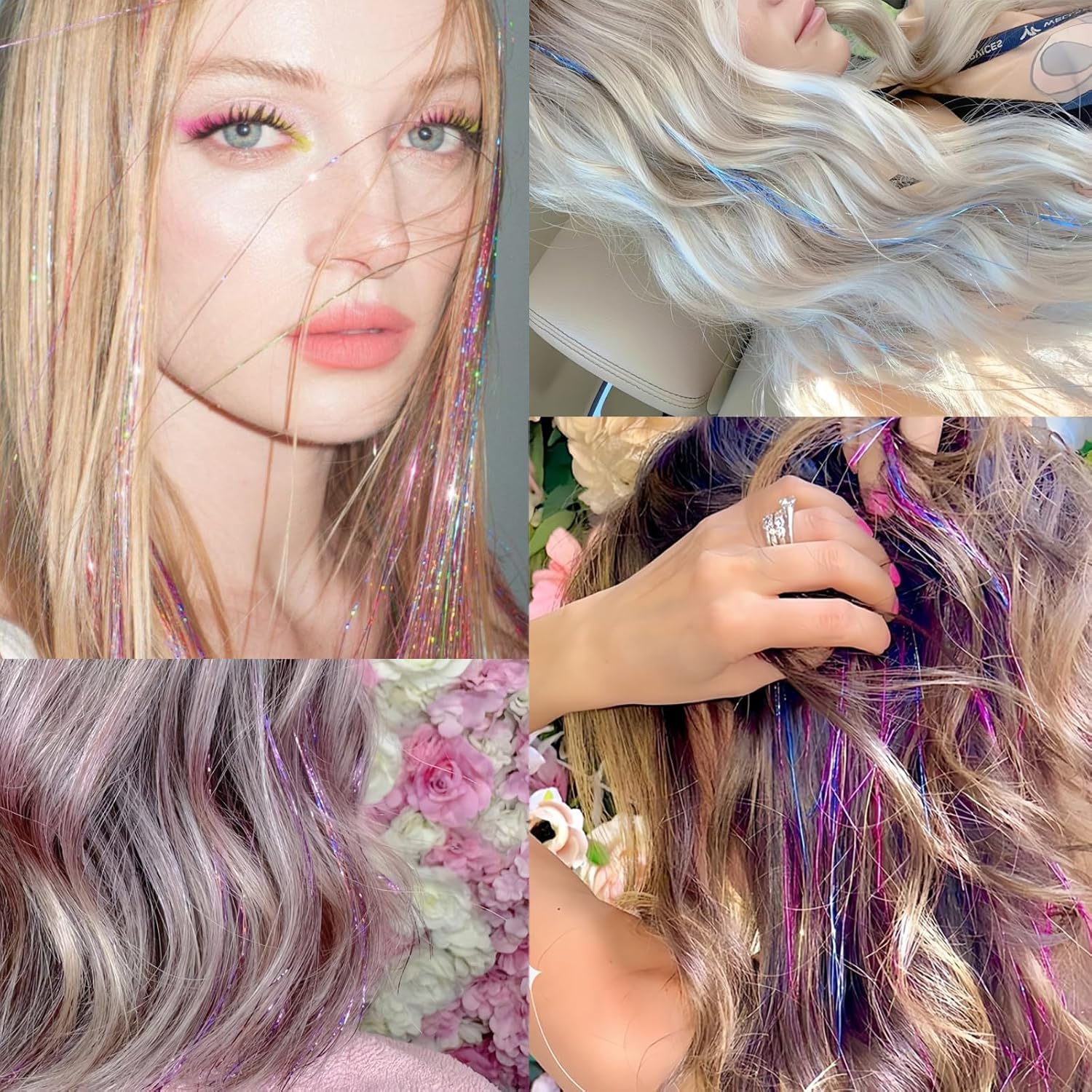 Hair Tinsel,18 Colors Hair Tinsel Kit for Girls 7600 Strands Fairy Tinsel Hair Extensions Holographic Hair Tinsel Heat Resistant Colored Hair Glitter Christmas Party Festival (18 Colors) - Image 5