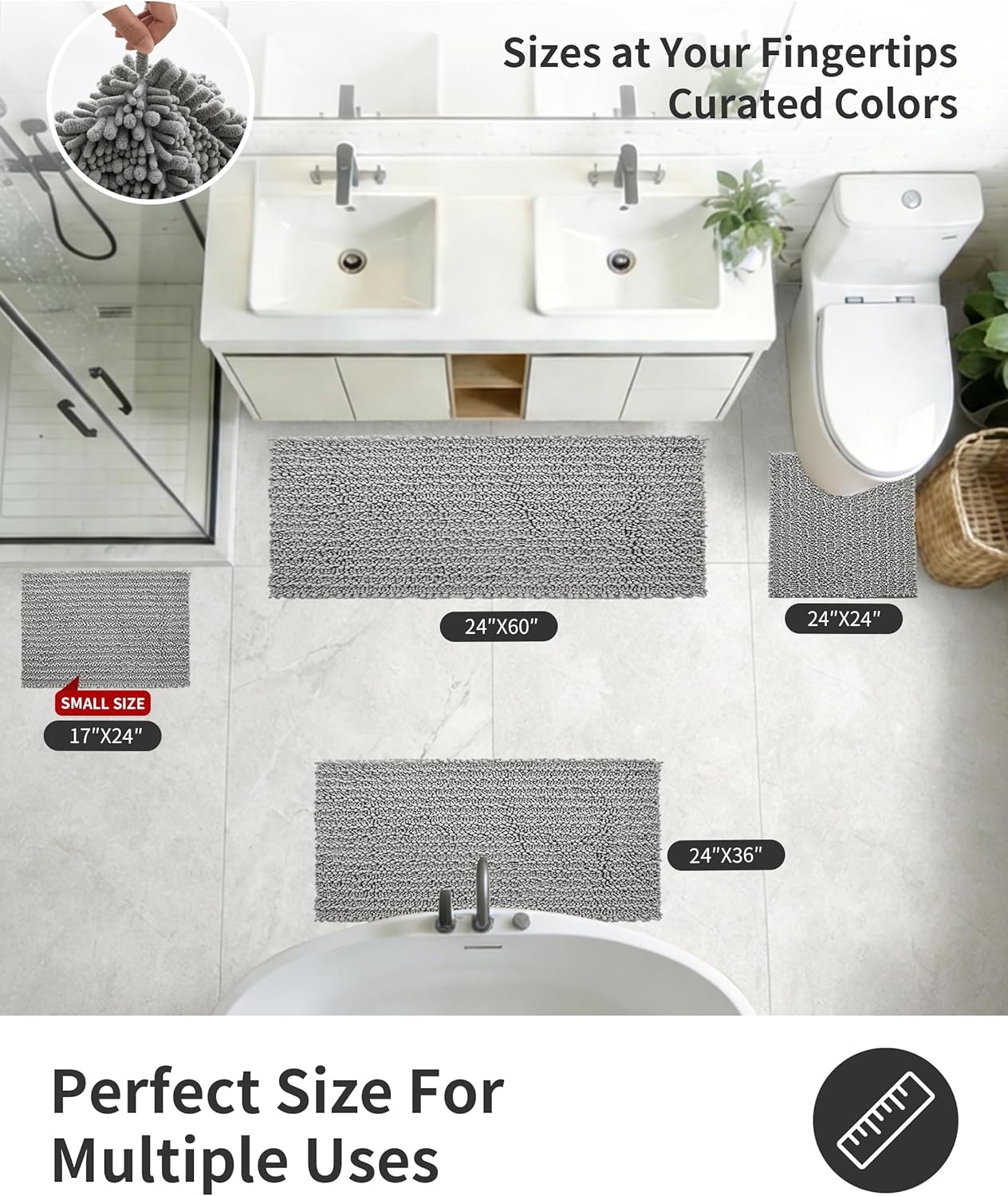 ILANGO Bathroom Rugs Light Grey 44x24,Extra Soft Absorbent Chenille Bath Rugs,Thick Non-Slip Shaggy Bath Mat,Machine Washable Quick Dry Bath Mats for Bathroom Floor, Tub, Shower Accessories - Image 3