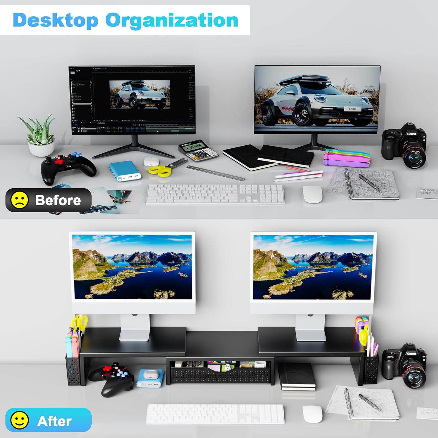 Spacrea Metal Desk Organizers and Accessories, Dual Monitor Stand Riser with Drawer and 2 Pen Holders, Book Racks, Desk Accessories & Workspace Desktop Organizers for Office Supplies (Black) - Image 3