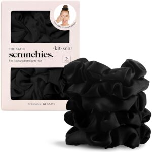 Kitsch Satin Scrunchies for Women – No Crease, Frizz Control | Softer Than Silk Scrunchies Gentle On Hair Scrunchies for All Hair Types | Stylish Hair Accessories College Essentials – Black, 5pcs