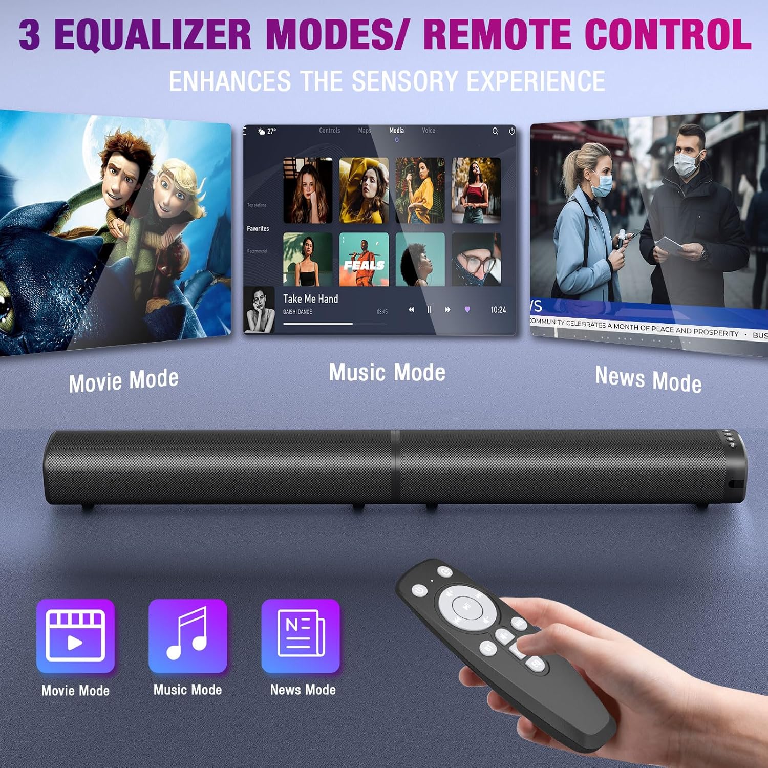 Puriom Sound Bar for Smart TV, 100W Sound Bar with Bluetooth 5.3/ARC/Opt/AUX Connect, 2-in-1 Detachable Home Soundbar, Home Theater Speaker & Bass Effect, for TV/PC/Projectors - Image 3