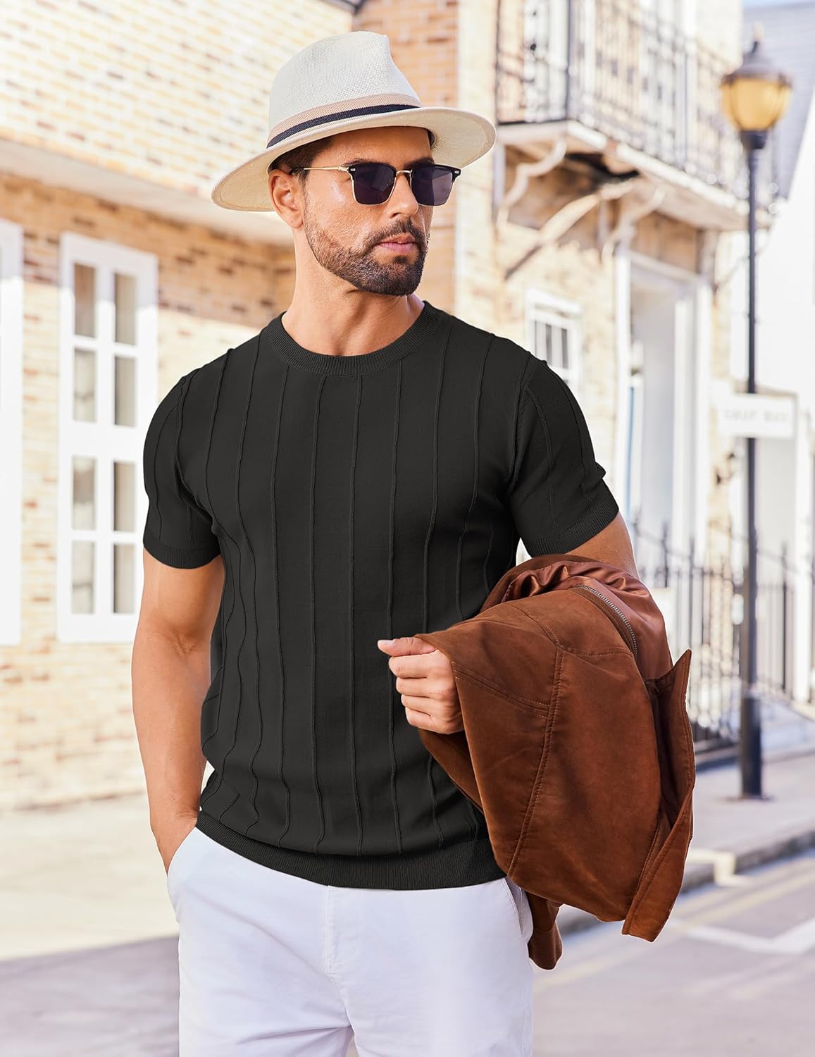 COOFANDY Men's T- Shirts Short Sleeve Knit Sweater Shirt Casual Crewneck Ribbed Pullover Tees - Image 4