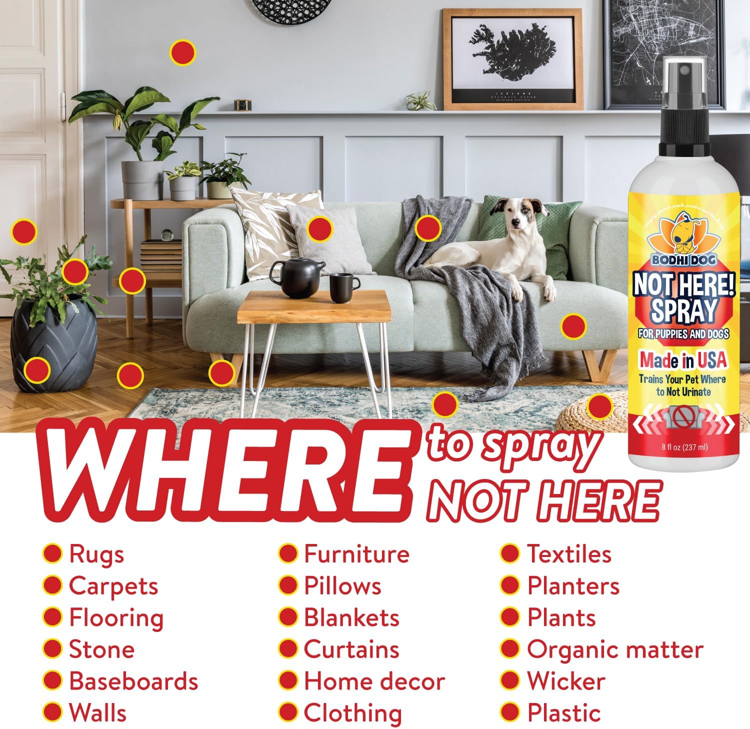 Bodhi Dog Not Here Spray - Trains Pets Where Not To Pee - Dog & Puppy Potty Training Spray to Stop Marking & Urinating Indoors or Outdoors - Safe for Furniture, Carpet & Floors - Made in USA (8 Fl Oz) - Image 4