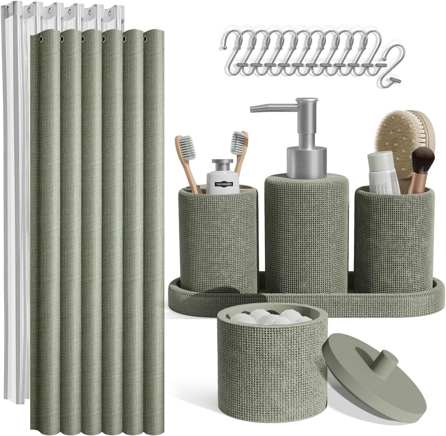 Clara Clark Sage Green Bathroom Set - Bathroom Accessories Set, 19PC Bathroom Accessory Set, Bathroom Sets with Shower Curtain Set, Soap Dispenser & Toothbrush Holder